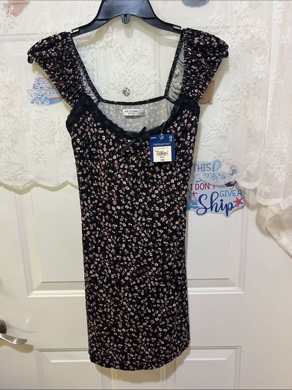 Arizona Jean Company Black Mini Dress with Pink Floral Print and Puff Sleeves